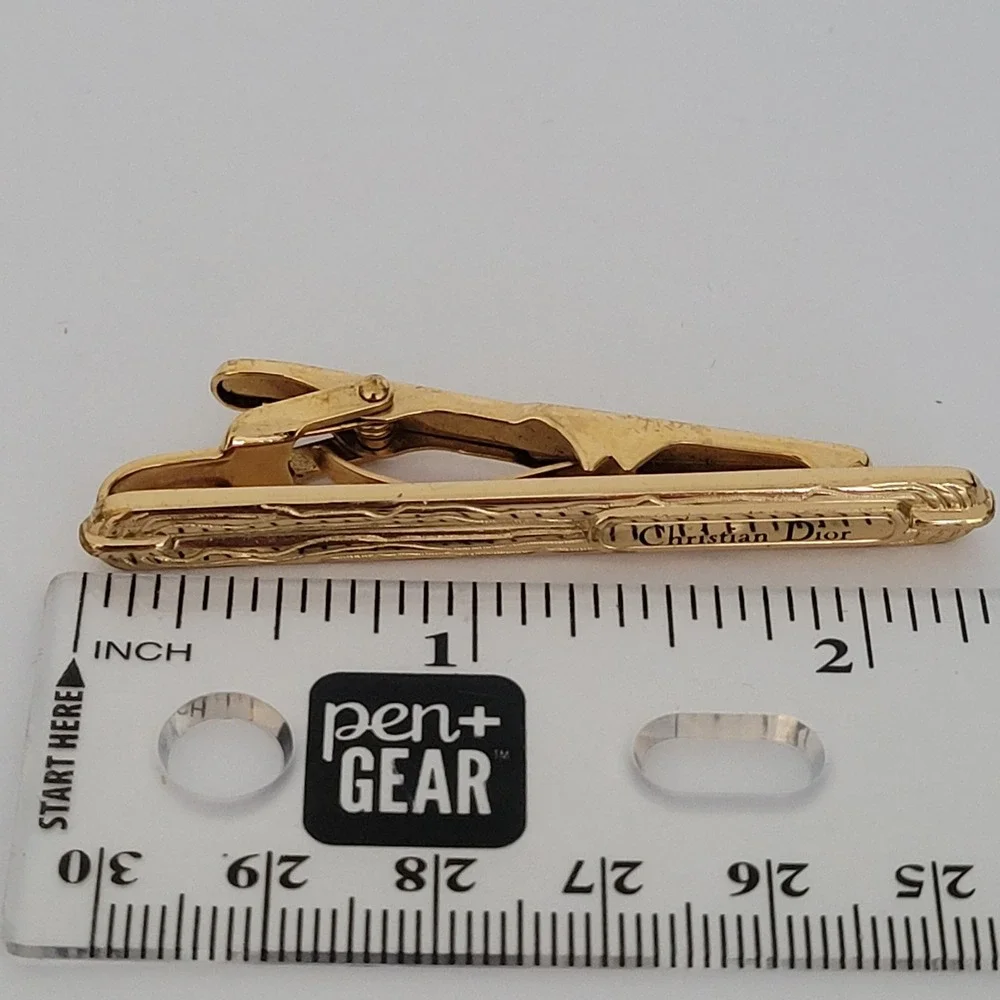 Christian Dior Vintage Gold Tone Etched Tie Clip Mens Accessory Germany Made